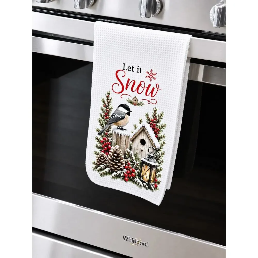 Let It Snow Chickadee Winter Kitchen Towel Rustic Farmhouse Birdhouse Decor